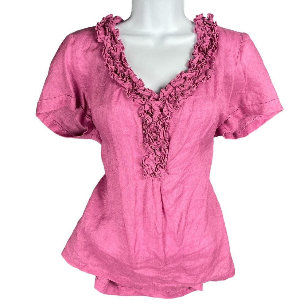 Talbots Top Womens Size L Purple Linen Ruffle **SEE LAST PHOTO FOR TRUER COLOR**